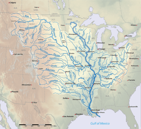 The Mississippi River and its tributaries, courtesy of Wikimedia Commons
