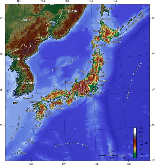 Topographical Map of Japan, courtesy of Wikimedia Commons.