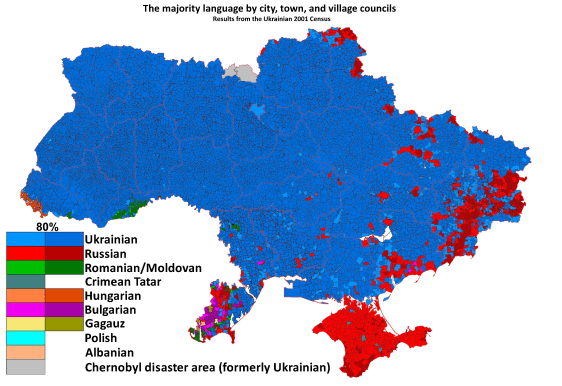 Language map of Ukraine, 2001 census. Courtesy of Wikimedia Commons. 