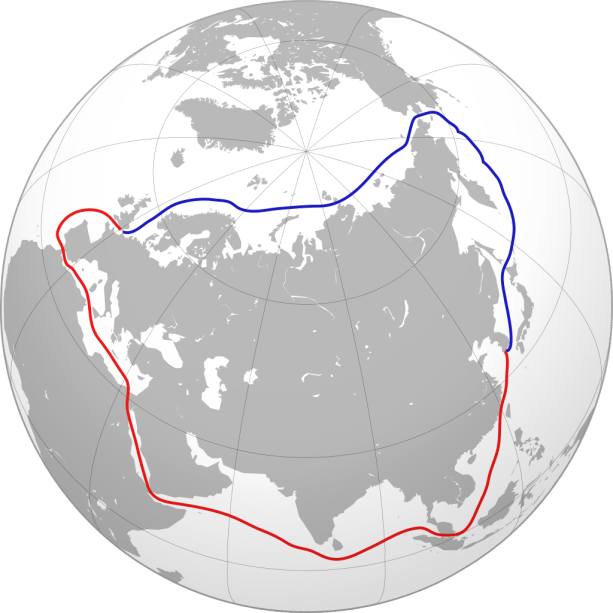 Northeast Passage compared with Southern sea route via Suez Canal. Courtesy of Wikimedia Commons.